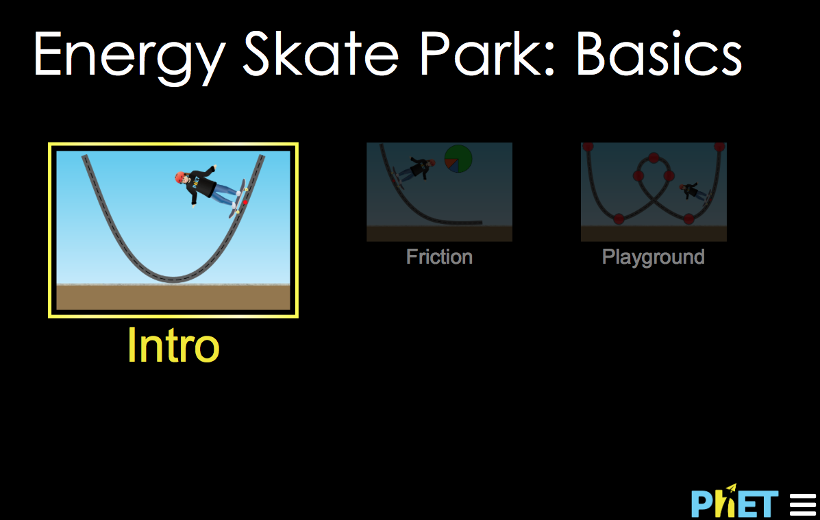 This is a simulation of a skate park in which the tracks, ramps, and jumps can be adjusted in order to explore kinetic energy, potential energy, and friction.