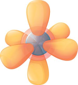 A drawing of an electron cloud model shows an atom with a nucleus and predicted geometry and shape of areas where electrons surround the nucleus.