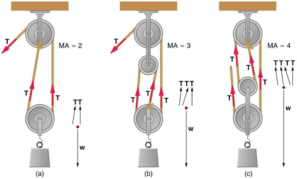 In figure a, a rope over two pulleys is shown. One pulley is fixed at the roof and the other is hanging through the rope. A weight is hanging from the second pulley. The tensions T are shown at the two parts of hanging pulley and at the free end of the rope. The mechanical advantage of the system is two. In figure b, a set of three pulleys is shown. A pulley is fixed at the roof with another pulley below it. The third pulley is hanging through the rope with a weight hanging at it. The tensions on the rope