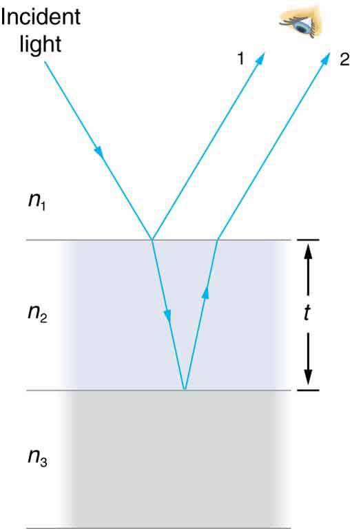 The figure shows three materials, or media, stacked one upon the other. The topmost medium is labeled n one, the next is labeled n two and its thickness is t, and the lowest is labeled n three. A light ray labeled incident light starts in the n one medium and propagates down and to the right to strike the n one n two interface. The ray gets partially reflected and partially refracted. The partially reflected ray is labeled ray one. The refracted ray continues downward in the n two medium and is reflected 