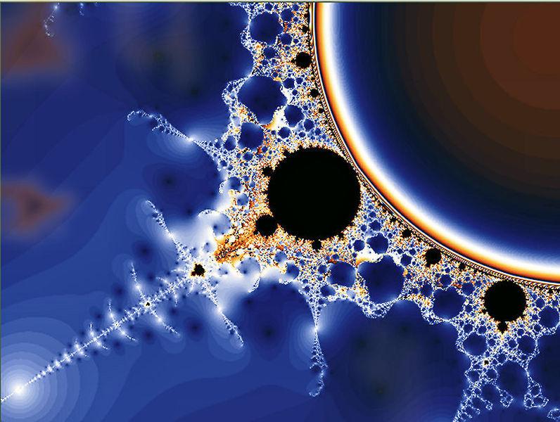 The computer-generated image shows a blue white red rainbow arc on top of which is a very complex two-fold symmetric pattern of what looks like bubbles interlaced with fine thread. The background below the arc is black, whereas above the bubbles-lace pattern the colors fade into a deep blue. The main feature of the bubble-lace pattern is a large black hole with very complex and self-similar features defining its edge. From the top of the black hole grows a progressively finer spiky tip that is mostly whit