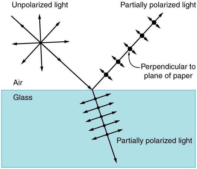 The schematic shows a block of glass in air. A ray labeled unpolarized light starts at the upper left and impinges on the center of the block. Centered on this ray is a symmetric star burst pattern of double headed arrows. From this point where this ray hits the glass block there emerges a reflected ray that goes up and to the right and a refracted ray that goes down and to the right. Both of these rays are labeled partially polarized light. The reflected ray has evenly spaced large black dots on it that 
