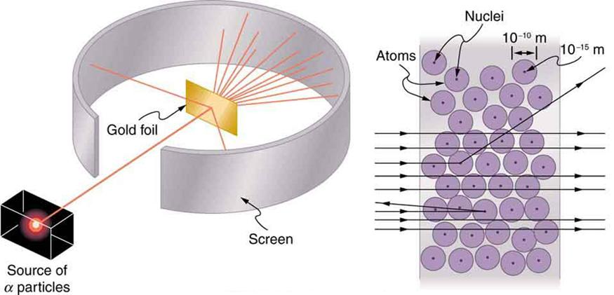 Image of Rutherford’s experiment depicting a cuboid shaped lead block having a radioactive sample in red colored circle, emitting a beam of alpha rays. The beam strikes a rectangular gold foil which lies inside a circular strip acting as a detecting screen. Two rays are reflected from the foil while the rest pass through the foil and hit the strip. The other part of the image shows magnified structure of gold foil with gold atoms with their nuclei. Diameter of gold atom is given as 10^{-10}m and the dia
