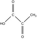 The figure shows the structure of a molecule containing two central carbons, bonded by a single line. The left carbon is also bonded, by two lines, to an O. The left carbon is also bonded, by a single line, to an HO. The right carbon is also bonded, by a single line, to a C H 3. The right carbon is also bonded, by two lines, to an O.