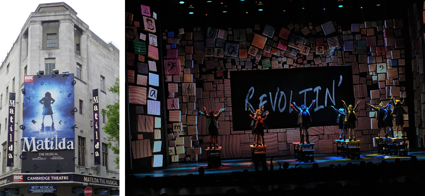 Image (left) of a marquis for Matilda the Musical and image (right) of the Revolting Children number from the musical as performed on the Tony Awards in 2013