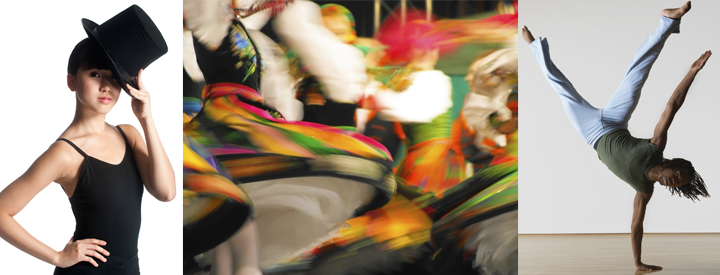 Image of dancer in top hat, image of folk dancers in motion, image of dancer in studio
