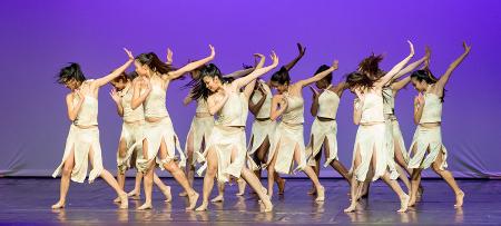 Group of dancers in costume performing on stage