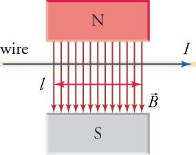 A current-carrying wire in a magnetic field, with force acting on the wire going into the page.