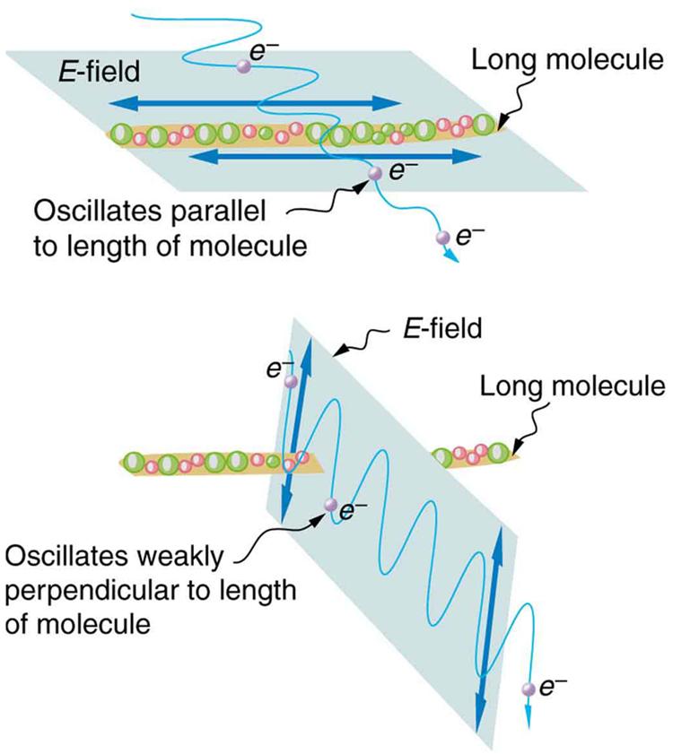 The figure contains two schematics. The first schematic shows a long molecule. An EM wave goes through the molecule. The ray of the EM wave is at ninety degrees to the molecular axis and the electric field of the EM wave oscillates along the molecular axis. After passing the long molecule, the magnitude of the oscillations of the EM wave are significantly reduced. The second schematic shows a similar drawing, except that the EM wave oscillates perpendicular to the axis of the long molecule. After passing 