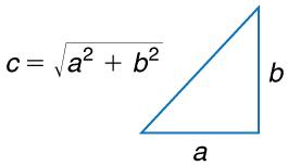 A right-angled triangle with base labeled a height labeled b and hypotenuse labeled c is shown. Using Pythagorean theorem c is calculated as square root of a squared plus b squared.