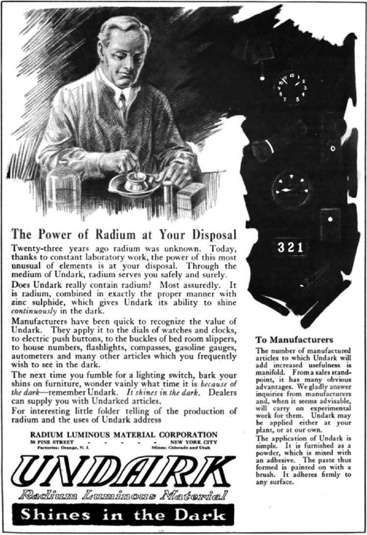 The image shows an old advertisement of radium material branded as UNDARK with the tagline 'Shines in the Dark.'