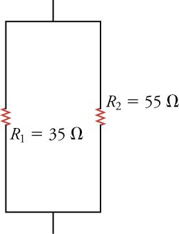 This shows a vertical parallel circuit. In the middle of either side there are resistors. The left resistor is labeled R1 = 35Ω. The right resistor is labeled R1 = 55Ω