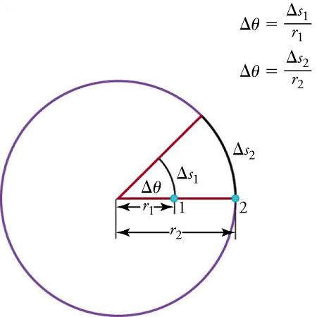 The picture shows a circle with a radius r2 going from the center, through a point 1 half-way on the radius and point 2 on the circumference. The distance from center to point 1 is labeled r1. A second radius line is drawn with an angle of change in theta. The arc from point 1 to the second radius is labeled change s1. The arc at point 2 is labeled change s2. There are two formulas to the right of the diagram: theta is equal to change of s1 over r1 and theta is equal to change of s2 over r2.