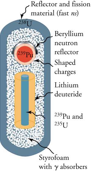 The figure shows schematic of a fusion bomb, in the shape of a closed cylinder. The outer portion has reflector and fission material and the inner portion has Styrofoam with gamma absorbers. The Styrofoam contains the shape charges, beryllium neutron reflector, lithium deuteride and the plutonium and uranium.