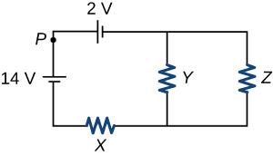 A circuit is shown as a rectangle with an extra line connecting the top and bottom having resistor Y. The top of this circuit has a 2-volt battery to the left of the Y resistor line, the left side of this circuit has a point P marked and then a 14-volt battery, the bottom has a resistor X to the left of the Y resistor line, and the right side has a resistor Z.