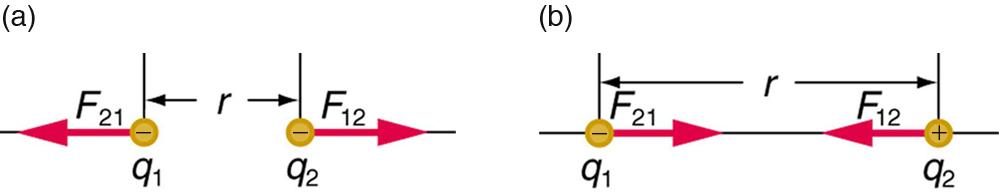 In part a, two charges q one and q two are shown at a distance r. Force vector arrow F one two points toward left and acts on q one. Force vector arrow F two one points toward right and acts on q two. Both forces act in opposite directions and are represented by arrows of same length. In part b, two charges q one and q two are shown at a distance r. Force vector arrow F one two points toward right and acts on q one. Force vector arrow F two one points toward left and acts on q two. Both forces act toward 