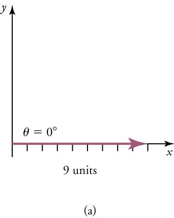 The diagram shows a vector along an x-axis with a magnitude of nine units and a direction of 0°. An unlabeled y-axis is also shown.