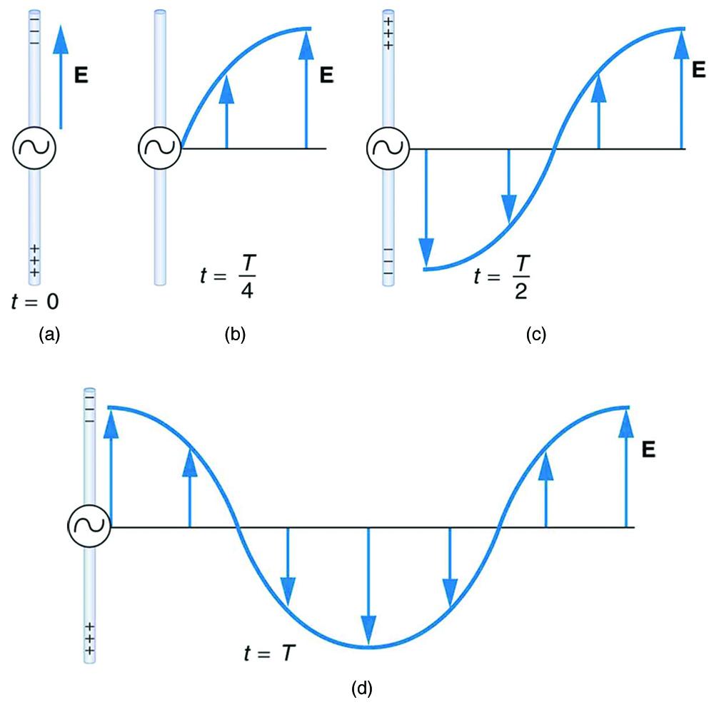 A long straight gray wire with an A C generator at its center, functioning as a broadcast antenna for electromagnetic waves, is shown. The wave distributions at four different times are shown in four different parts. Part a of the diagram shows a long straight gray wire with an A C generator at its center. The time is marked t equals zero. The bottom part of the antenna is positive and the upper end of the antenna is negative. An electric field E acting upward is shown by an upward arrow. Part b of the di