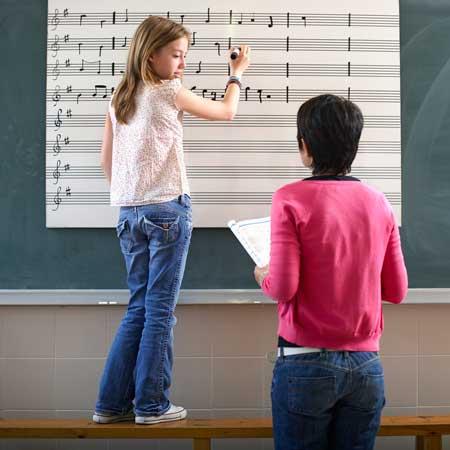 Image of girl writing music on chalkboard and looking back at her teacher