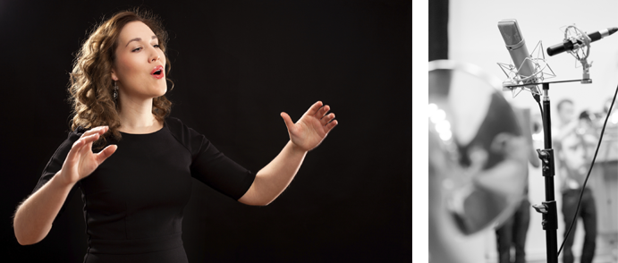 Image of choir director and students with instruments and a microphone