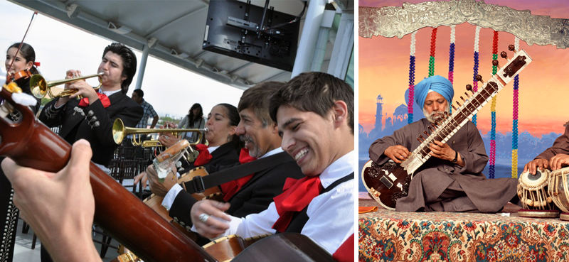 Image of a Mariachi band and an image of a sitar player