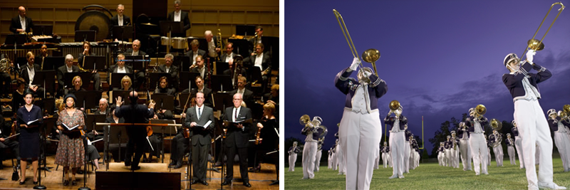 Image of the Dallas Symphony Orchestra and a marching band on a football field
