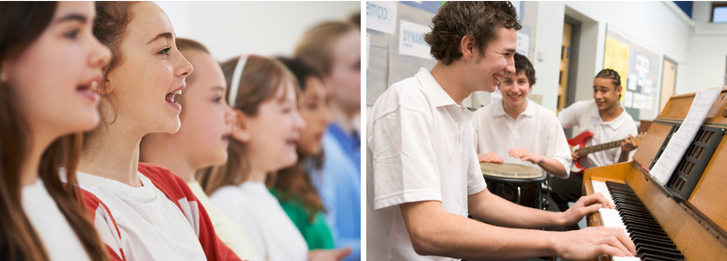 Image of a choir (left) and three students practicing piano, percussion, and guitar (right)