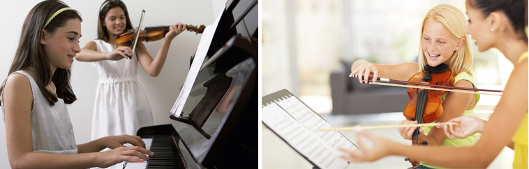 Image of a student playing the piano and image of a student playing the violin with guidance from her instructor