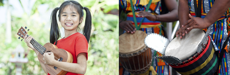 Images of a Scottish band and African drummers
