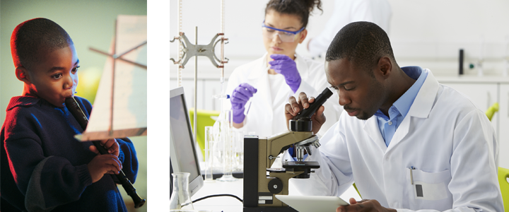 Image of young child playing recorder and image of adult working in a science lab