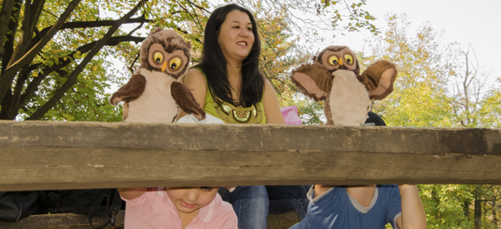 Image of older actor practicing lines and image of two young children with puppets