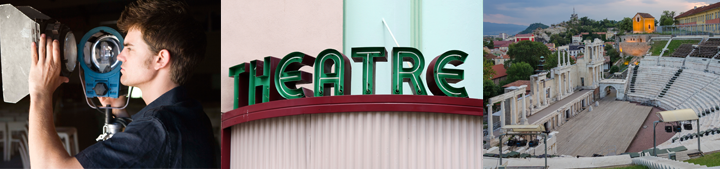 Images of a person working with professional lighting, an old theatre sign, and an amphitheatre