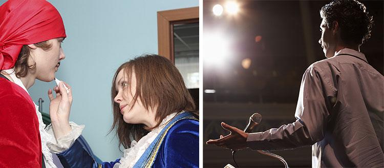 Students applying make up and A student addressing an auditorium