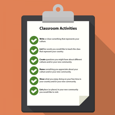 clipboard image with this list of classroom activities-write or draw something that represents your culture, list five words you would like to teach the class that represent your country, create questions you might have about different cultures and/or your new community, name something you appreciate about your culture and/or your new community, list place (or places) in your new community you would like to visit