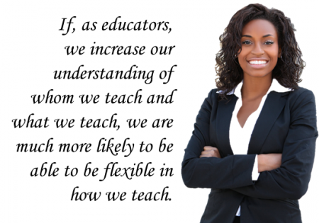 If, as educators, we increase our understanding of whom we teach and what we teach, we are much more likely to be able to be flexible in how we teach.