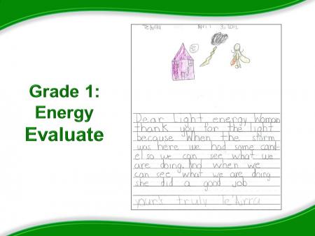 Grade 1: Energy Evaluate, Picture of student's sample letter to their Energy Superhero.