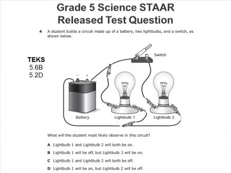 Released Grade 5 STAAR Science Question. Image of a parallel circuit with one battery, two light bulbs, and one switch. The switch is placed on the circuit for lightbulb two and is in the open position. The battery is connected to the part of the parallel circuit that's directly connected to lightbulb 1. The question asks what the student would observe.