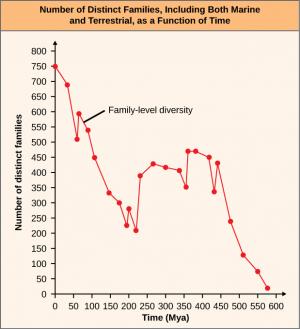 This graph plots the number of distinct families present over Earth’s history. At the earliest time point, nearly 600 million years ago, there were less than 50 families. This number rose steadily until about 450 million years ago, when diversity declined, leveled off, and declined again. Approximately 200 million years ago diversity began to rise again. Today, there are about 750 families, the highest number of any time period.