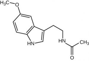 Simple-line chemical structure for melatonin. The core of this molecule is a six-membered ring joined to a five-member ring by adjacent carbon residues. The six-membered ring consists of carbon only and has three alternating double bonds. The five-membered ring has four carbon atoms and one nitrogen atom, located one residue away from the six-membered ring. A hydrogen atom is attached to the nitrogen residue. This ring has two double bonds. Two residues away from the nitrogen atom, a two- carbon chain is 