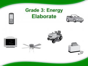 Grade 3: Energy Elaborate. Images of cellular phone, television, ceiling fan, riding lawn mower, toaster, and car.