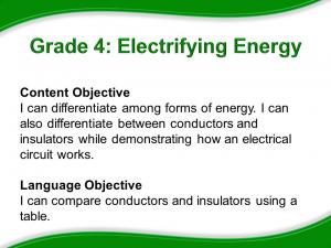 Grade 4: Electrifying Energy. Content Objective is: I can differentiate among forms of energy. I can also differentiate between conductors and insulators while demonstrating how an electrical circuit works. The Language Objective is: I can compare conductors and insulators using a table.