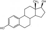 Chemical structure for estradiol. The core of this molecule is two, six-membered carbon rings that are joined at adjacent carbon residues. Both of these rings contain single bonds only. One of the core six-membered carbon rings has a five-member carbon ring attached at a carbon residue adjacent to the attachment point of the other six-membered ring. A methyl group, a carbon with three hydrogens attached, is bonded to a carbon residue adjoining the six-member ring to the five-member ring. A hydroxyl group,