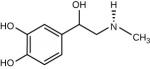 Chemical structure for epinephrine. The core of this molecule is a six-membered carbon ring with alternating double bonds. Two hydroxyl groups, oxygen with hydrogen attached, are bonded to adjacent carbons. Across from one hydroxyl group, a two-carbon chain is attached. This carbon chain has a hydroxyl group attached to the first carbon, and a nitrogen atom attached to the second carbon. Bonded to the nitrogen atom are a hydrogen atom and a methyl group, a carbon with three hydrogens attached.