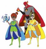 Picture of three energy superheroes - one for light, one for heat, and one for sound.