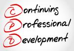 Continuing professional development hand written in a column on a white board with the c, p, and d circleed in red.